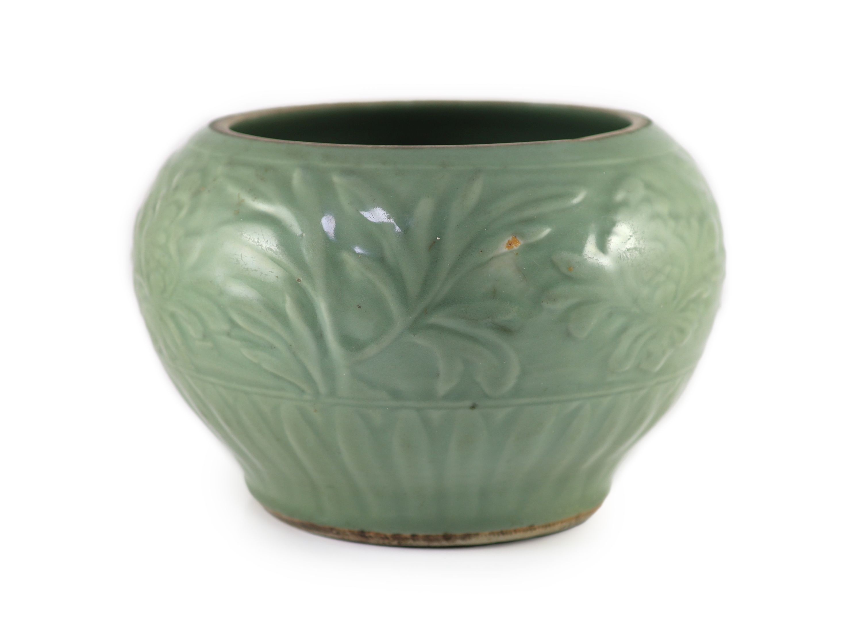 A large Chinese Longquan celadon jar, Guan, 14th century, 30.5 cm diameter, neck ground off